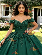 Green Tulle Off the Shoulder Appliques Quinceanera Dress