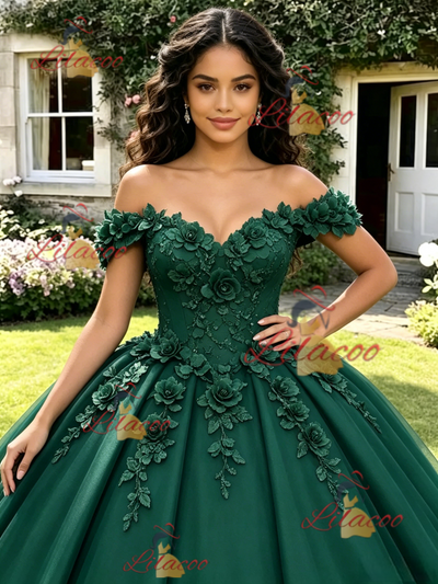Green Tulle Off the Shoulder Appliques Quinceanera Dress