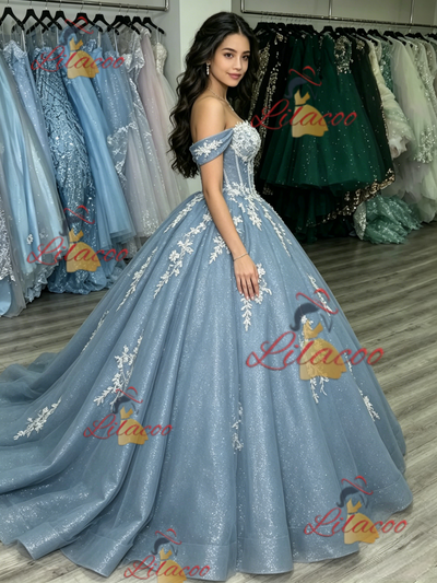 Blue Tulle Off the Shoulder Appliques Quinceanera Dress