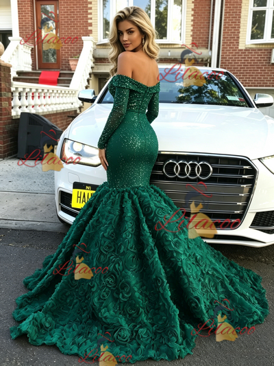 Green Mermaid Long Sleeve Prom Dress