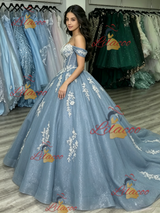Blue Tulle Off the Shoulder Appliques Quinceanera Dress