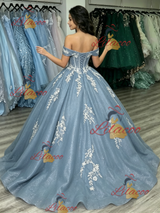Blue Tulle Off the Shoulder Appliques Quinceanera Dress