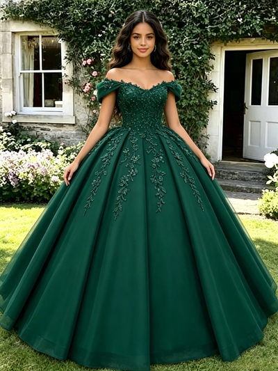 Green Off the Shoulder Appliques Quinceanera Dress