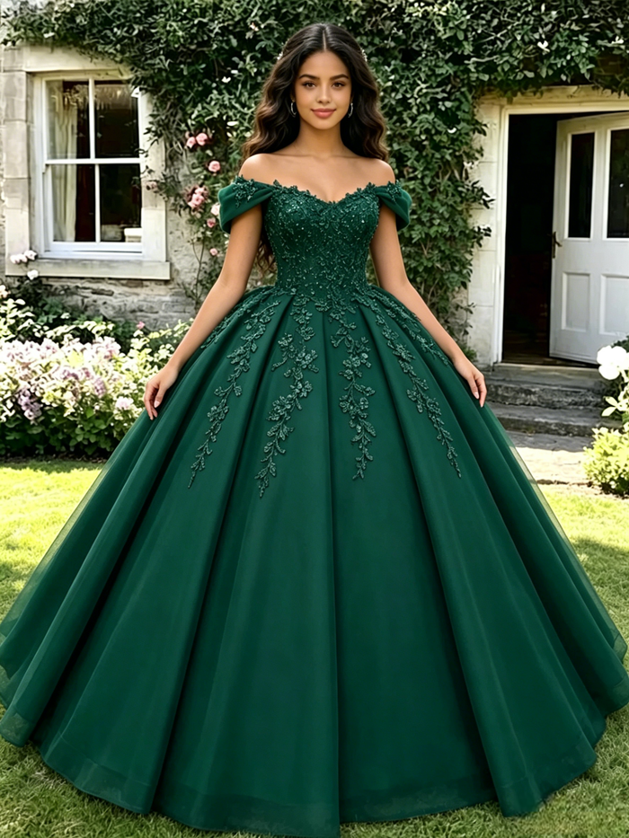 Green Off the Shoulder Appliques Quinceanera Dress