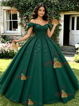 Green Off the Shoulder Appliques Quinceanera Dress