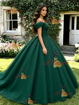 Green Off the Shoulder Appliques Quinceanera Dress