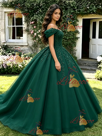 Green Off the Shoulder Appliques Quinceanera Dress