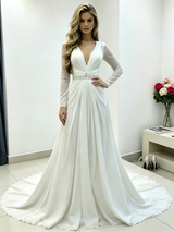 White Chiffon V-neck Pleats Beading Wedding Dress