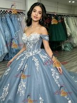 Blue Tulle Off the Shoulder Appliques Quinceanera Dress