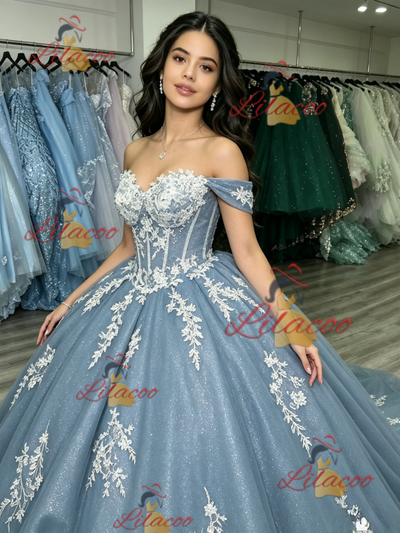 Blue Tulle Off the Shoulder Appliques Quinceanera Dress