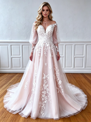 Long Sleeve Tulle Appliques Wedding Dress