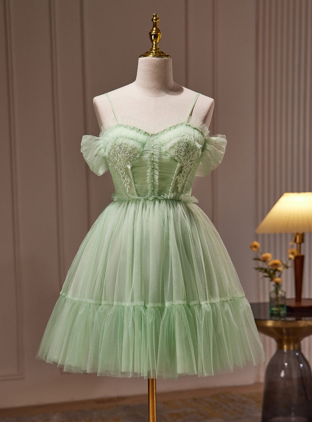 Green Tulle Appliques Beading Homecoming Dress