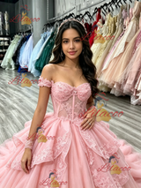 Pink Tulle Off the Shoulder Appliques Quinceanera Dress