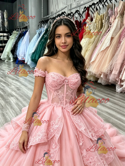 Pink Tulle Off the Shoulder Appliques Quinceanera Dress