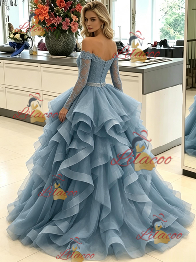 Blue Off the Shoulder Long Sleeve Prom Dress