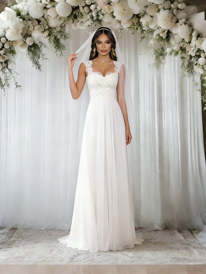 White Chiffon Lace Straps Wedidng Dress