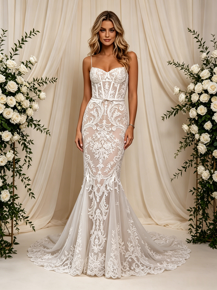 White Mermaid Lace Straps Wedding Dress