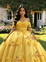 Yellow Tulle Off the Shoulder 3D Appliques Quinceanera Dress