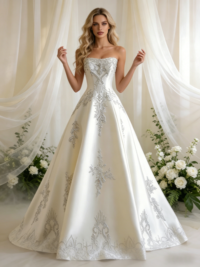 Beige White Satin Strapless Beading Wedding Dress