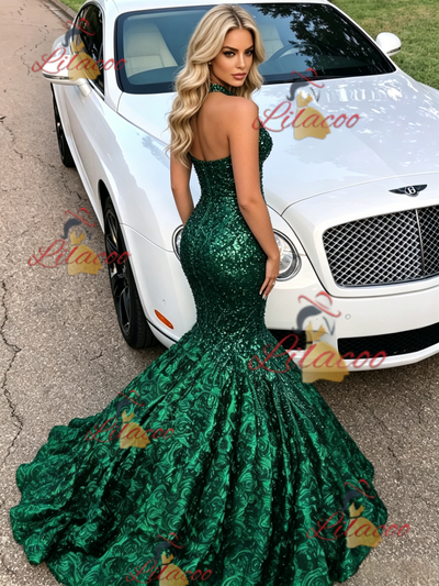 Green Mermaid Sequins Halter Prom Dress