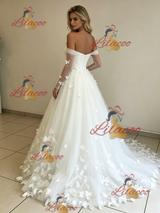 White Tulle Long Sleeve Butterfly Wedding Dress