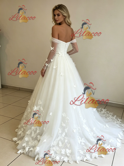 White Tulle Long Sleeve Butterfly Wedding Dress