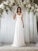 White Chiffon Lace Straps Wedidng Dress