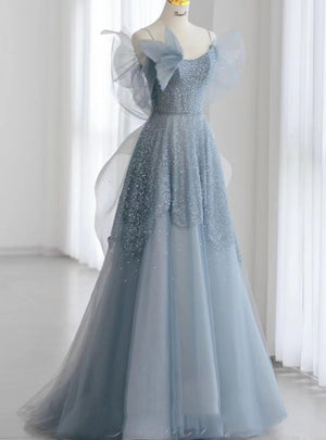 Blue Tulle Sequins Straps Prom Dress