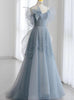 Blue Tulle Sequins Straps Prom Dress