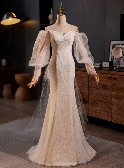 White Mermaid Lace Long Sleeve Wedding Dress