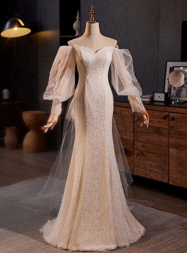 White Mermaid Lace Long Sleeve Wedding Dress