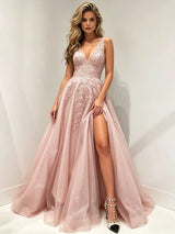 Pink Tulle V-neck Appliques Prom Dress