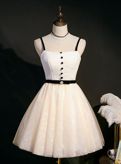 A-Line Ivory Tulle Lace Button Homecoming Dress