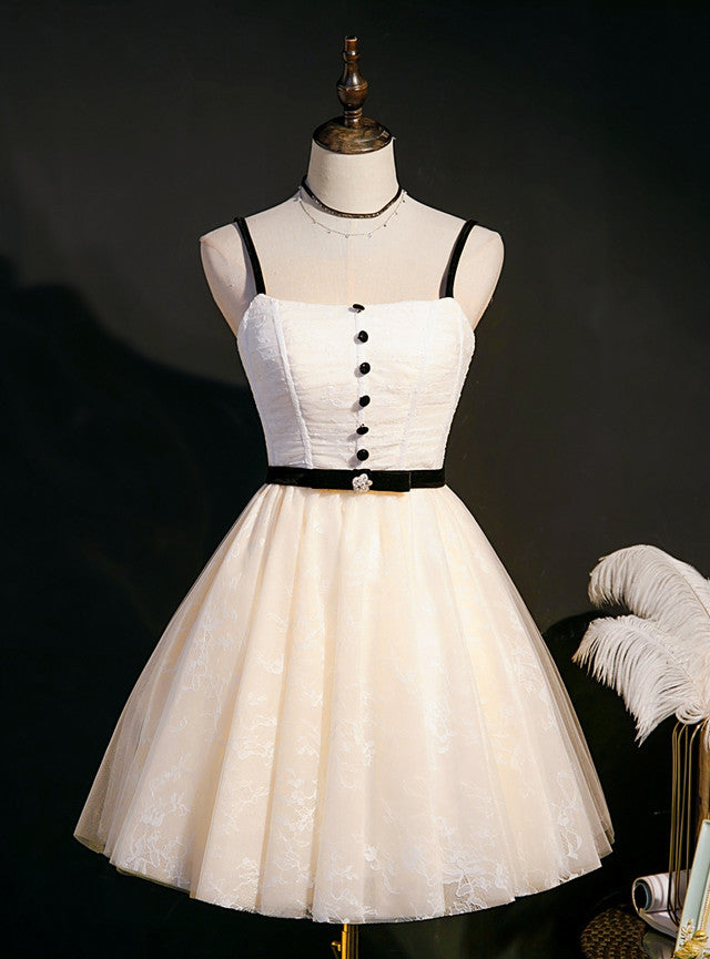 A-Line Ivory Tulle Lace Button Homecoming Dress