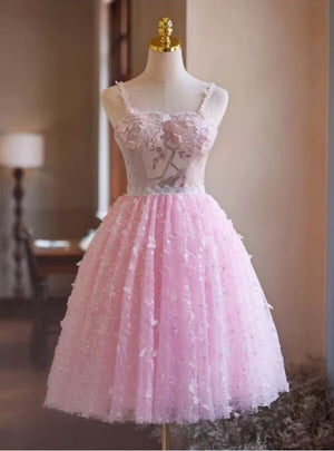 Pink Tulle Sequins Straps Butterfly Homecoming Dress