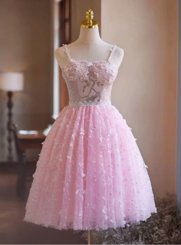 Pink Tulle Sequins Straps Butterfly Homecoming Dress