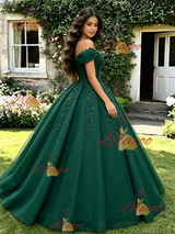 Green Off the Shoulder Appliques Quinceanera Dress