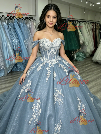 Blue Tulle Off the Shoulder Appliques Quinceanera Dress