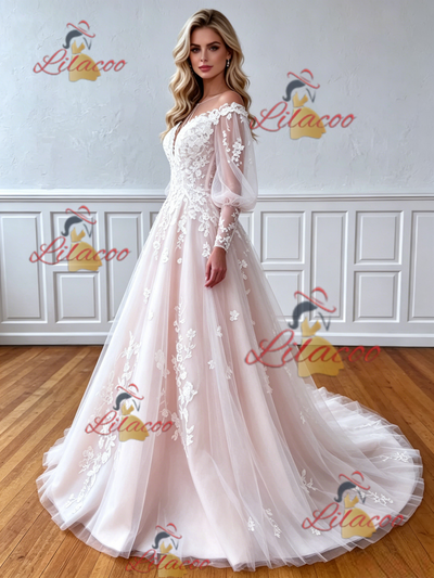 Long Sleeve Tulle Appliques Wedding Dress
