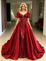 Red Sequins Satin Puff Sleeve Prom Dress