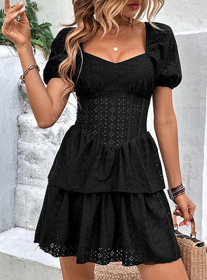 Solid Color Square Collar Bubble Sleeve Cake Dress