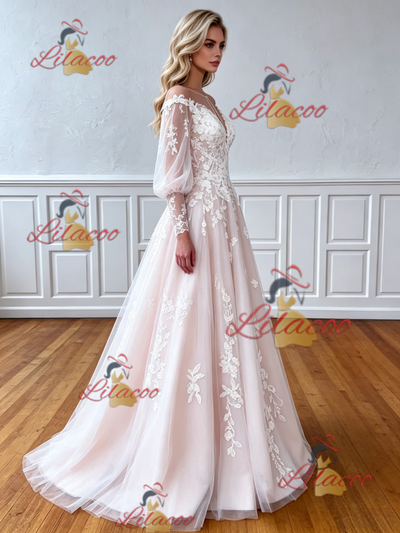 Long Sleeve Tulle Appliques Wedding Dress