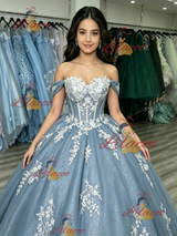 Blue Tulle Off the Shoulder Appliques Quinceanera Dress