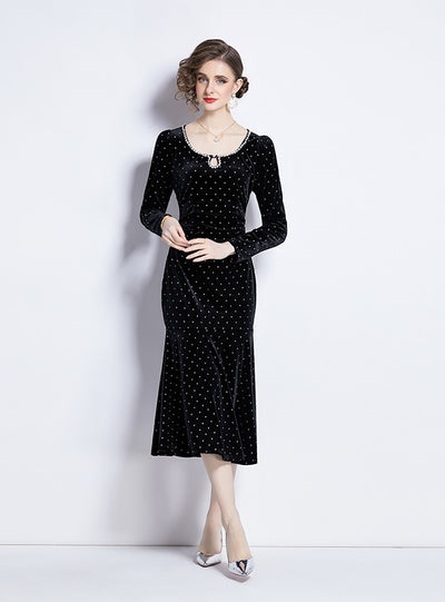 Retro Polka-dot Velvet Dress