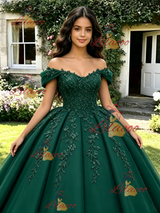 Green Off the Shoulder Appliques Quinceanera Dress