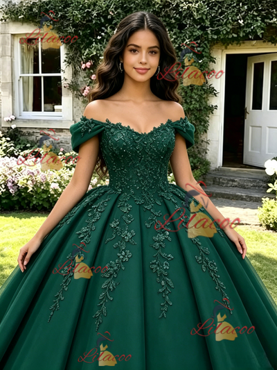 Green Off the Shoulder Appliques Quinceanera Dress