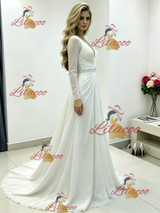 White Chiffon V-neck Pleats Beading Wedding Dress