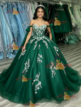 Green Tulle Off the Shoulder Appliques Quinceanera Dress