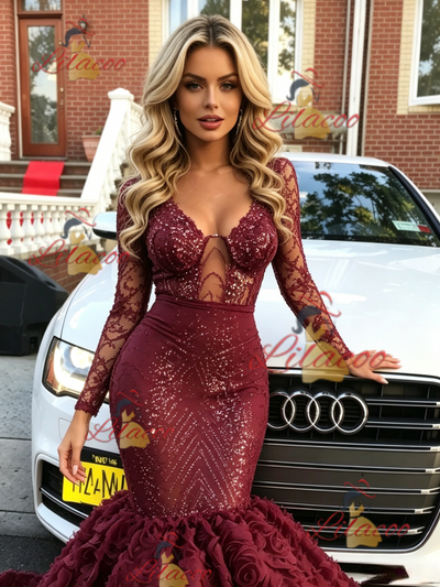 Burgundy Mermaid Sequins V-neck Prom Dress
