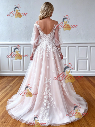 Long Sleeve Tulle Appliques Wedding Dress